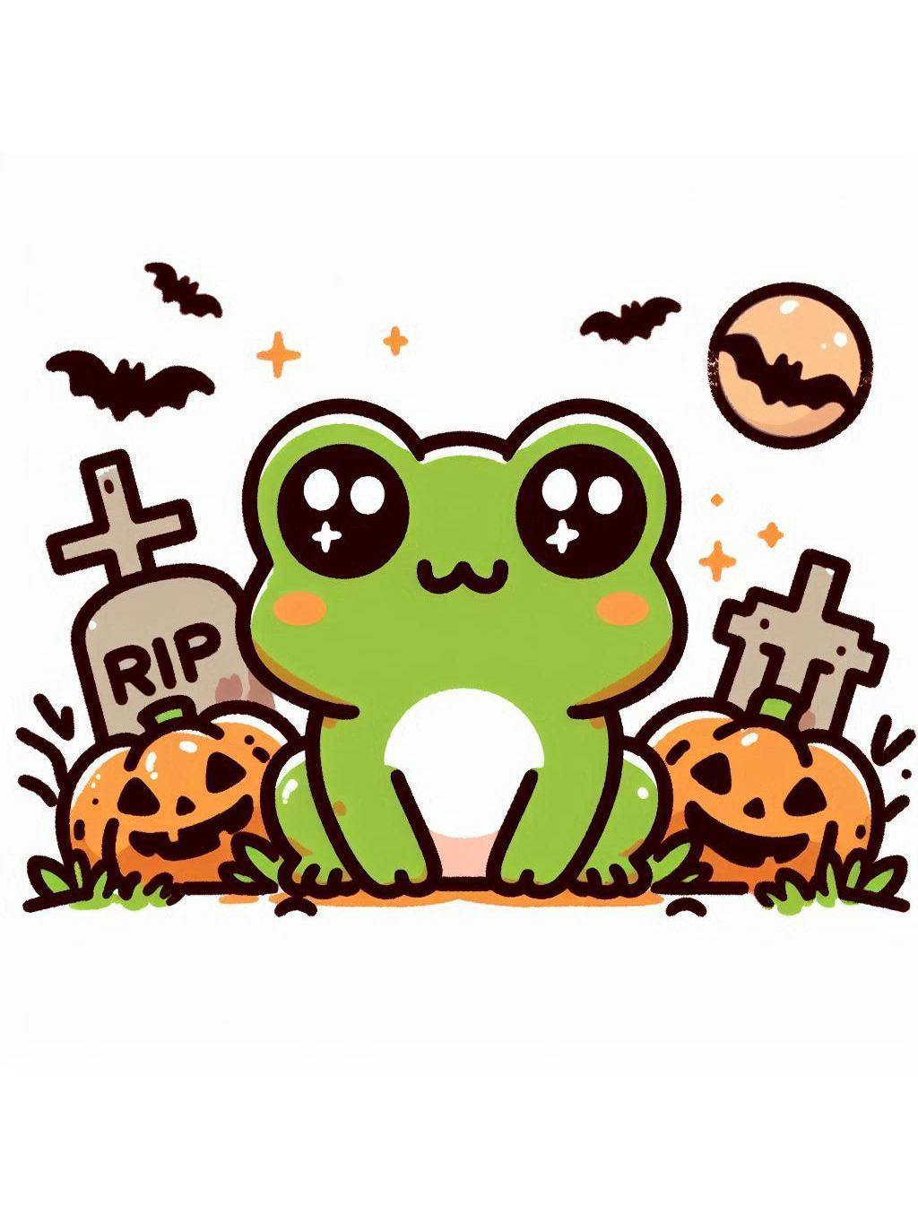 halloween frog drawing ideas: a cute green frog sitting in a graveyard with pumpkins and bats